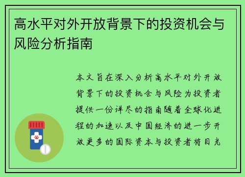 高水平对外开放背景下的投资机会与风险分析指南